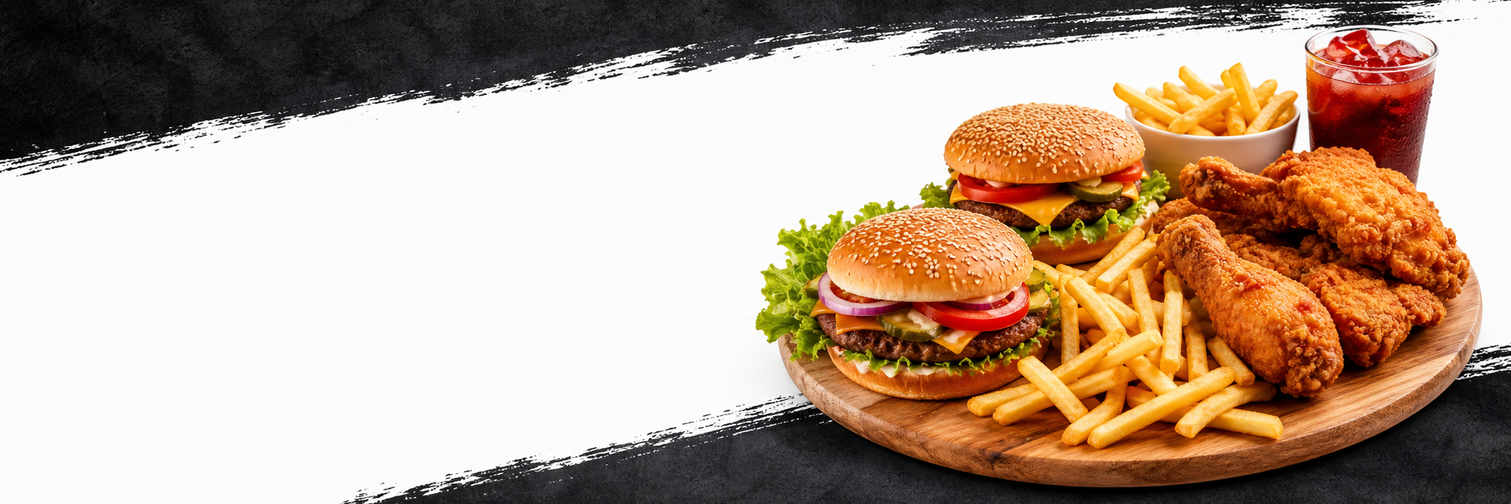 Burgers, fries, fried chicken and a cold drink